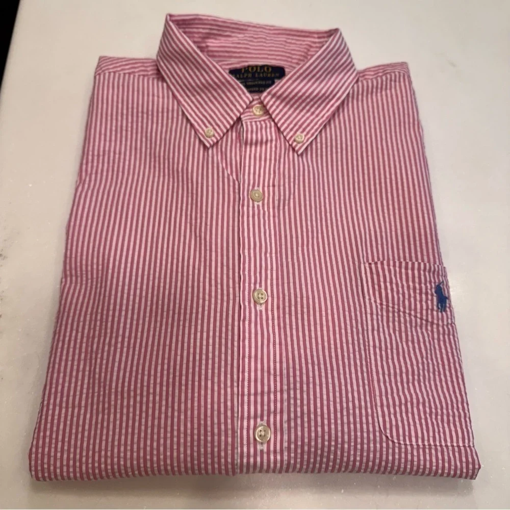 Polo Ralph Lauren Shirt Men's Sz XXL Striped Seersucker UNTUCKED FIT Button Down